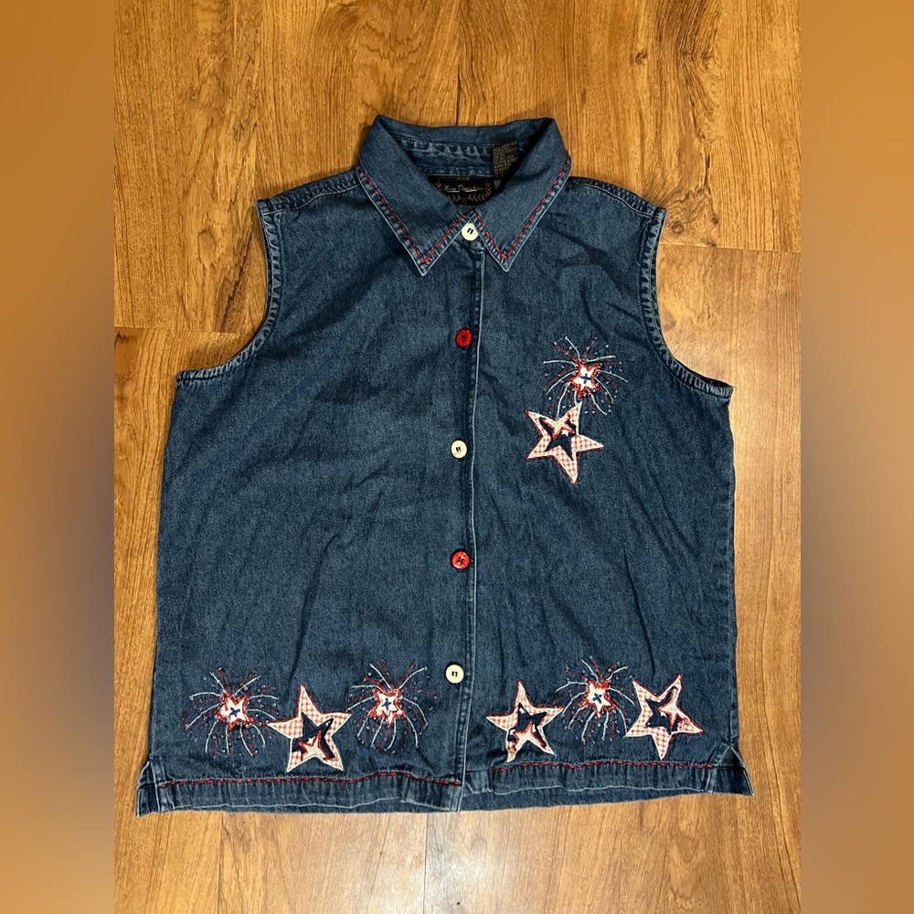 Vintage Navy denim vest with firework and star patchwork embroidery/sequin. XL